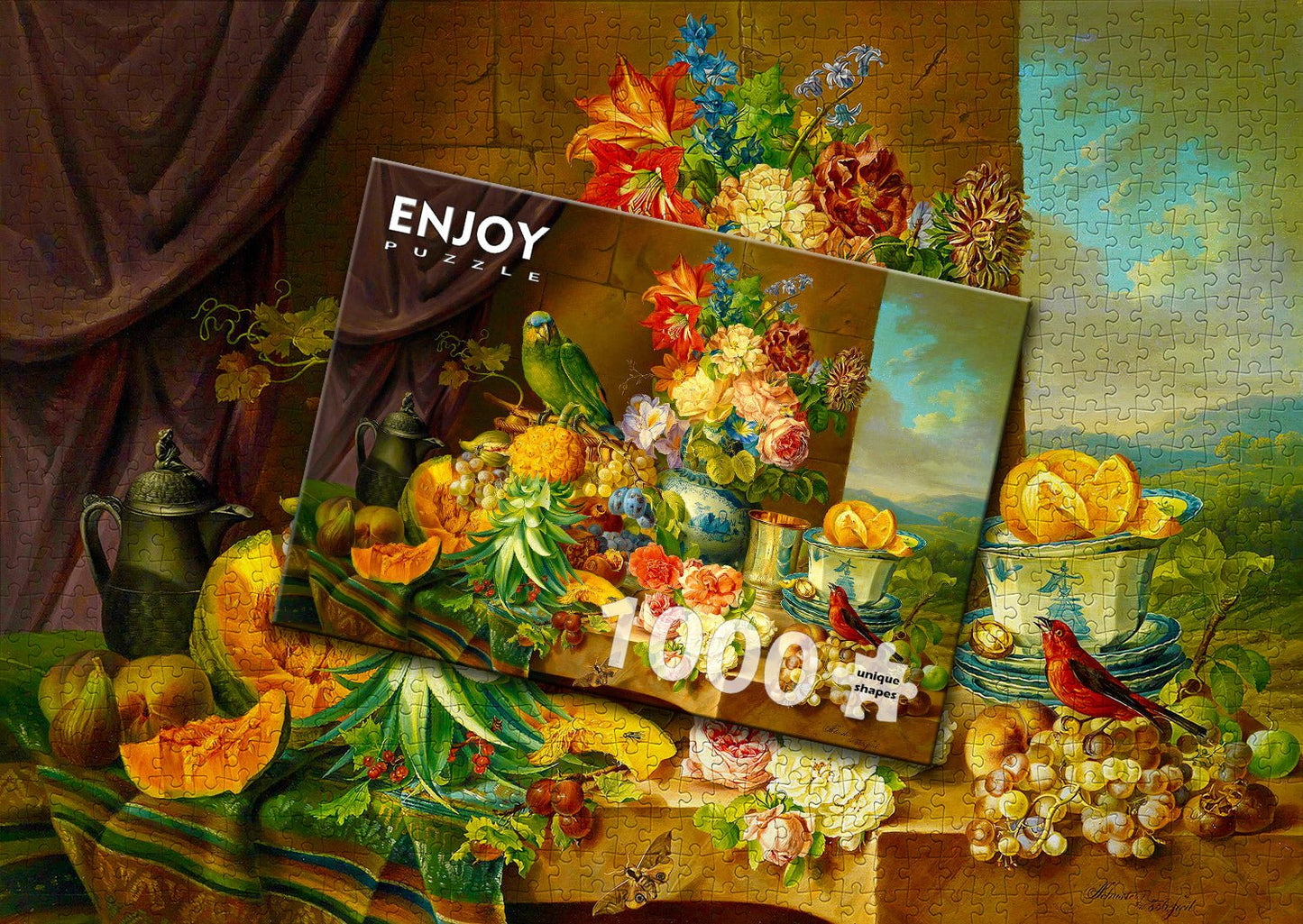 Csendélet gyümölcsökkel, virágokkal és papagájjal Enjoy 1000 darabos kirakó puzzle (EN - 1191 5949194011919) - puzzlegarden