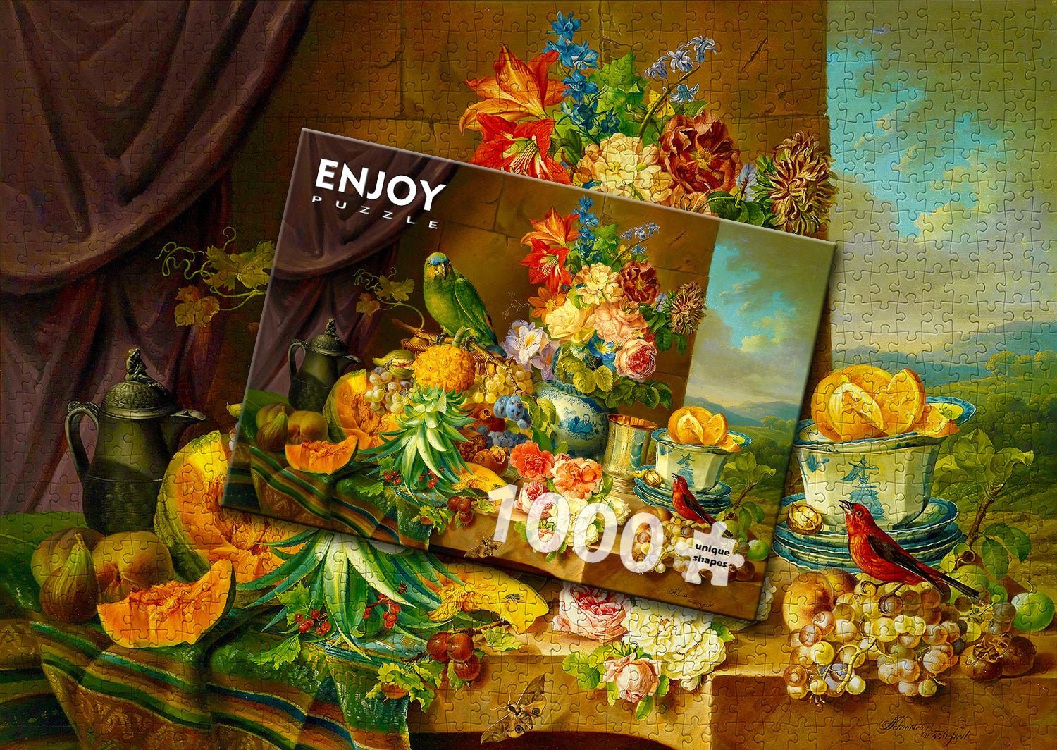 Csendélet gyümölcsökkel, virágokkal és papagájjal Enjoy 1000 darabos kirakó puzzle (EN - 1191 5949194011919) - puzzlegarden