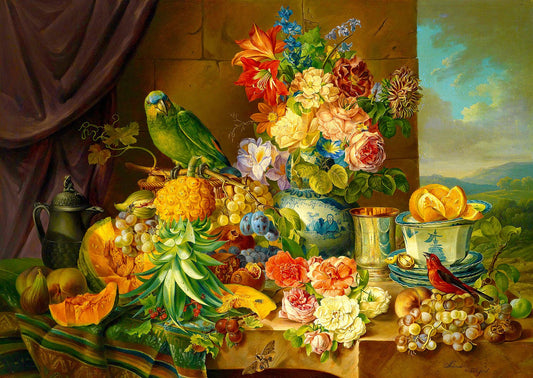 Csendélet gyümölcsökkel, virágokkal és papagájjal Enjoy 1000 darabos kirakó puzzle (EN - 1191 5949194011919) - puzzlegarden